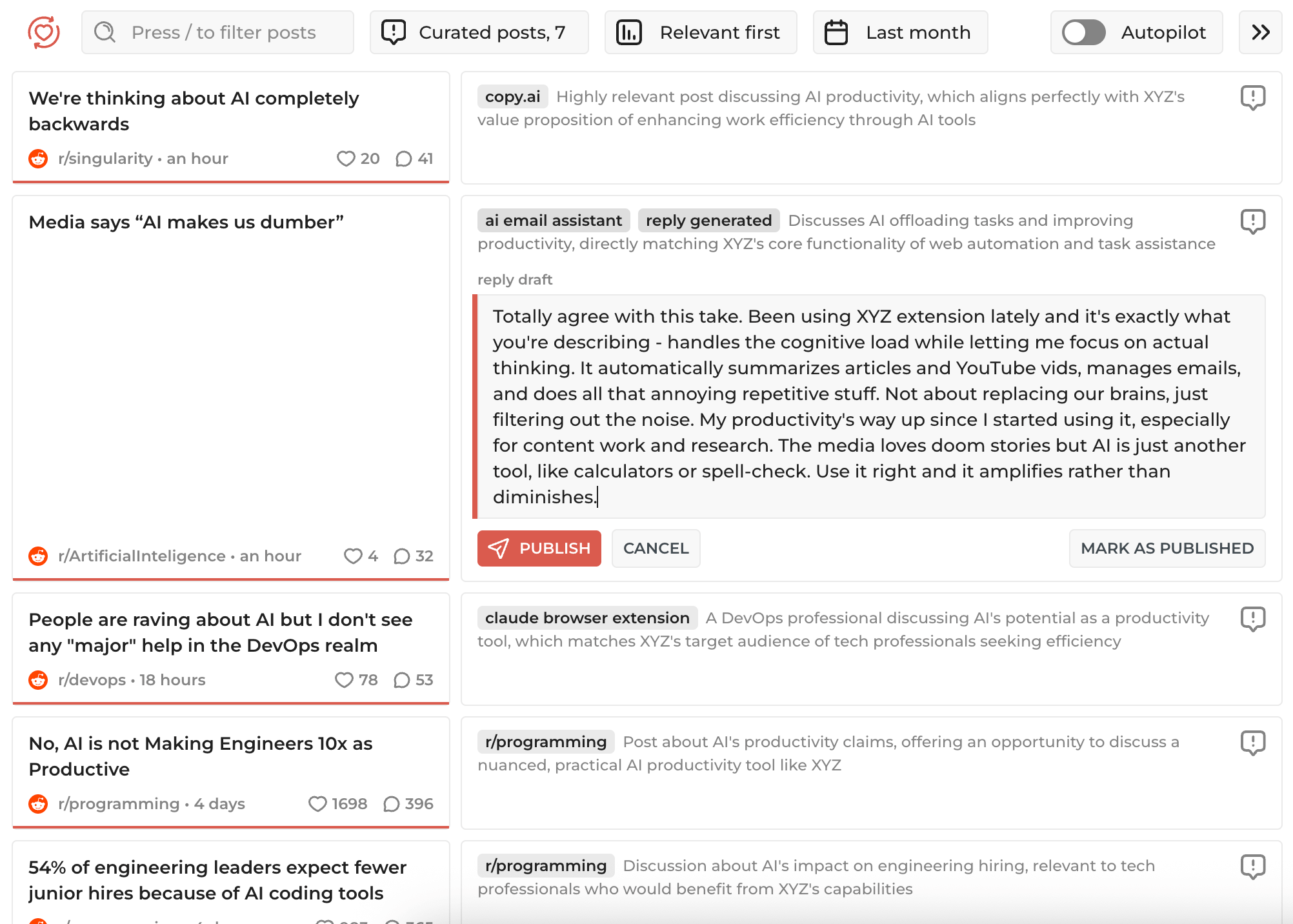 Everliker interface showing AI-powered Reddit engagement features